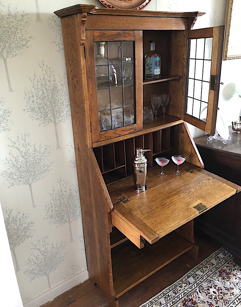 Edwardian Arts and Crafts Oak Bookcase Bureau or Unusual Cocktail Cabinet